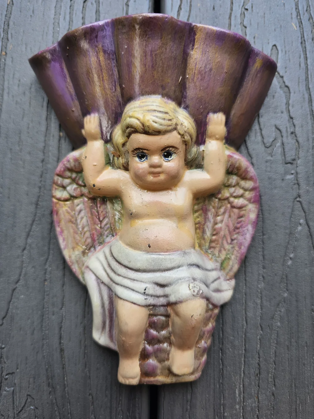 Vintage Hand Painted Ceramic Cherub Wall Pocket Planter